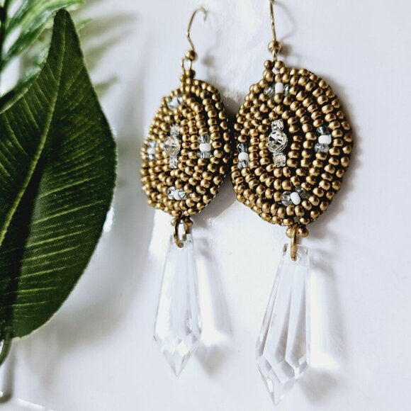 2/$27 | Gold + Crystal Shield Beaded Indigenous Hoop Earrings | Handmade - Picture 3 of 6